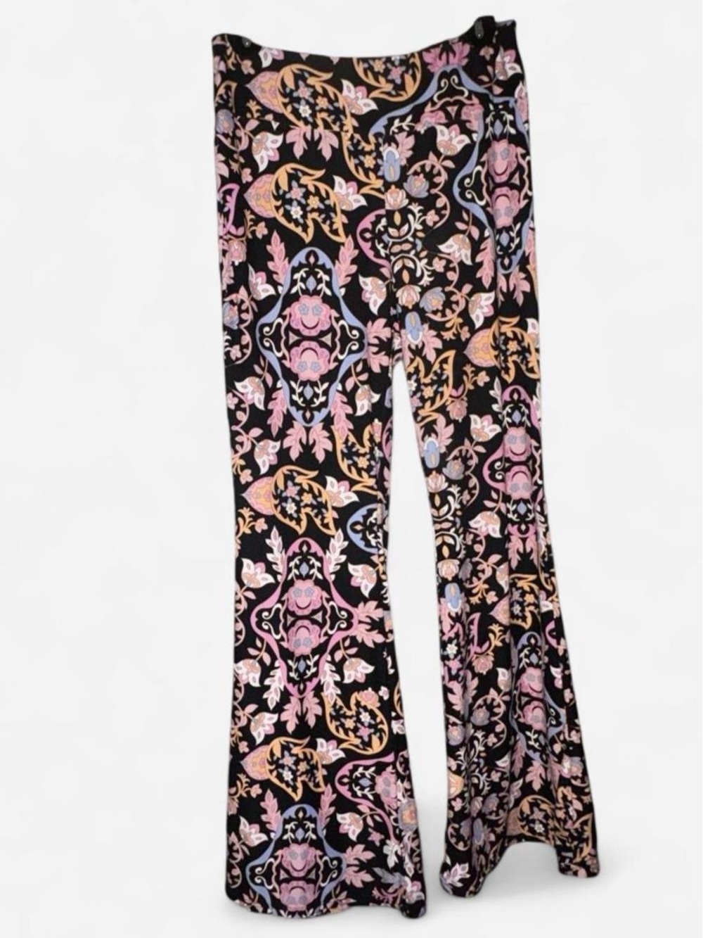 Black Floral Paisley Flare Pants - Pink & Peach Print